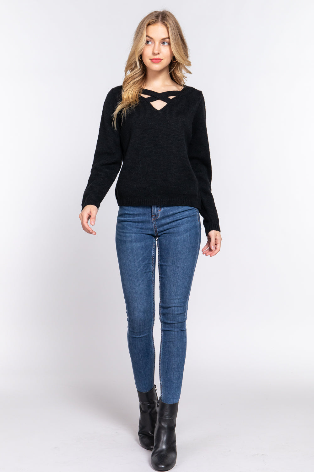 Long Slv X Strap V-neck Sweater - Body By J'ne