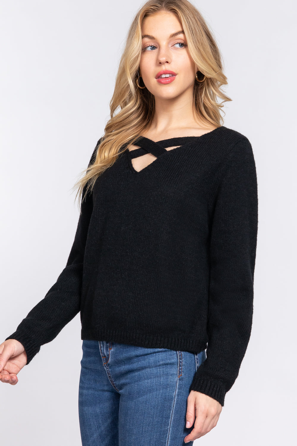 Long Slv X Strap V-neck Sweater - Body By J'ne