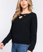 Long Slv X Strap V-neck Sweater - Body By J'ne