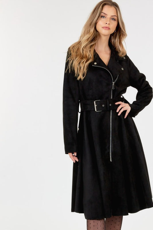 Waist Belt Tacked Faux Suede Coat Solid Coat - Body By J'ne