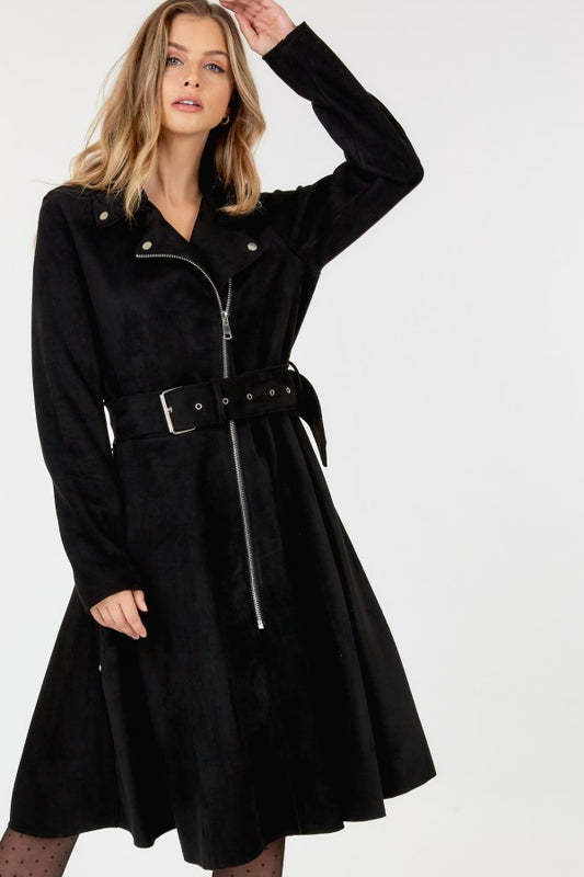 Waist Belt Tacked Faux Suede Coat Solid Coat - Body By J'ne