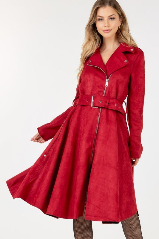 Waist Belt Tacked Faux Suede Coat Solid Coat - Body By J'ne