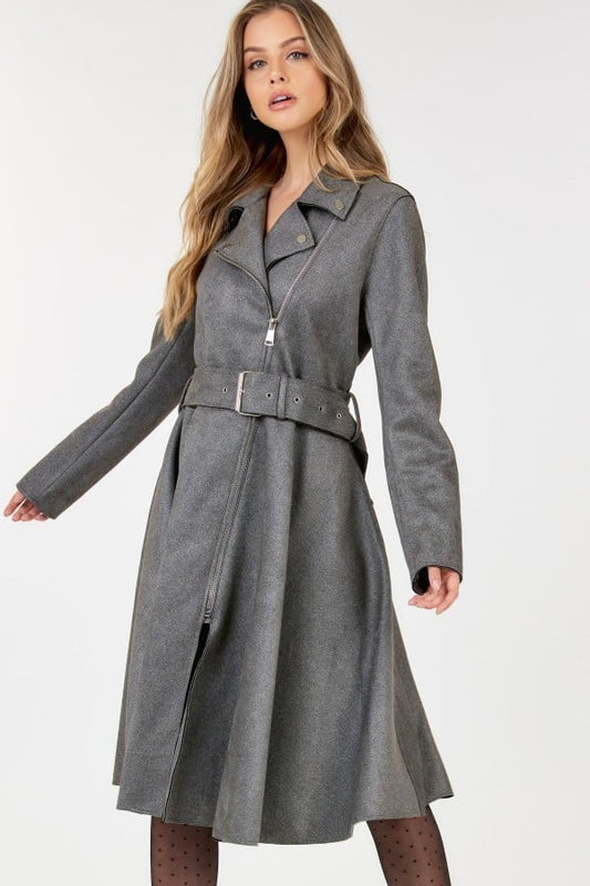 Waist Belt Tacked Faux Suede Coat Solid Coat - Body By J'ne