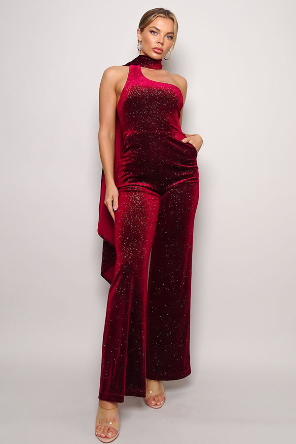 Scarf Top Glitter Velvet Jumpsuit - Body By J'ne