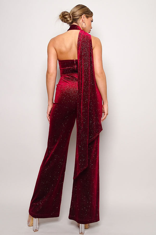 Scarf Top Glitter Velvet Jumpsuit - Body By J'ne