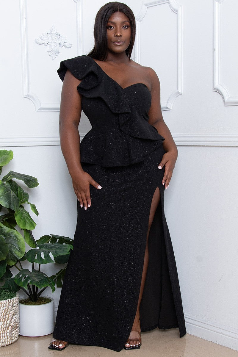 Glitter Ruffle Across Body Plus Size Maxi Dress - Body By J'ne