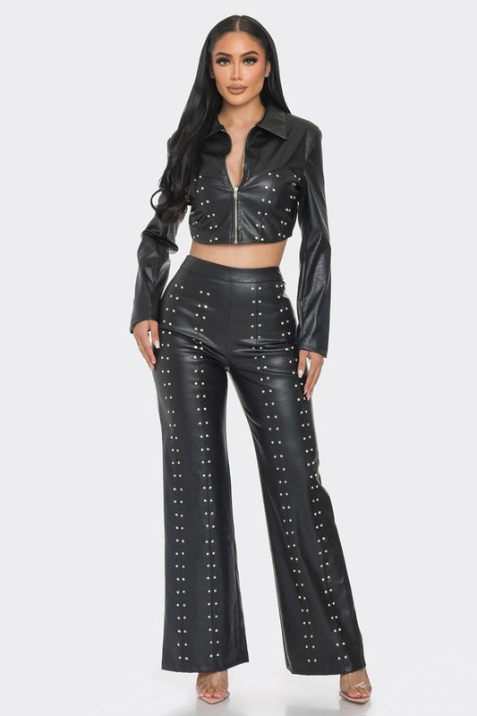 Faux Leather Set With Rhinestone Detail - Body By J'ne