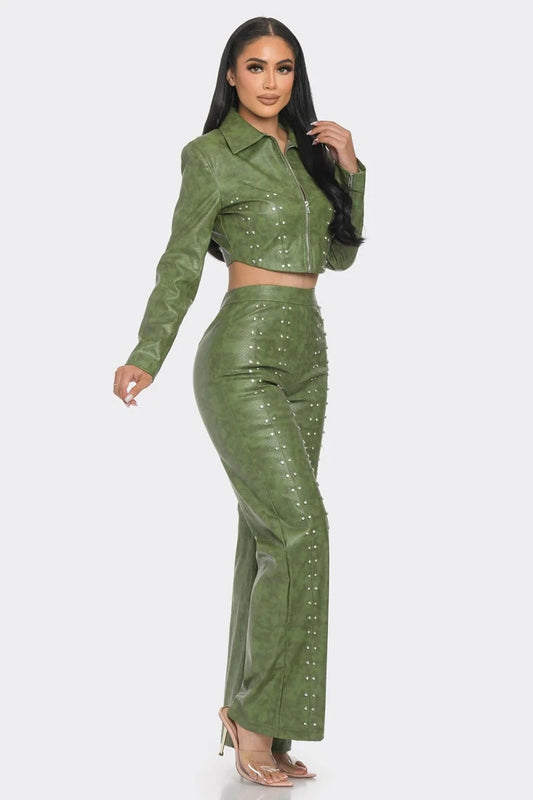 Faux Leather Set With Rhinestone Detail - Body By J'ne