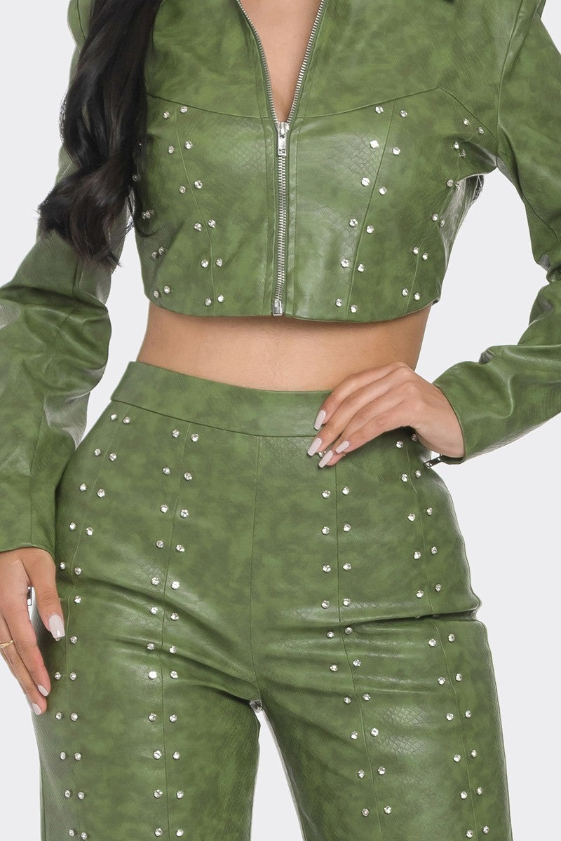 Faux Leather Set With Rhinestone Detail - Body By J'ne