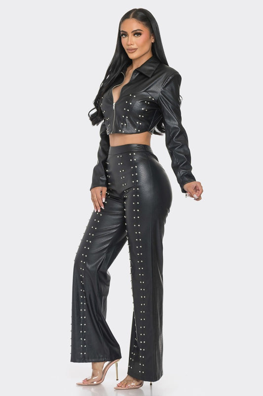 Faux Leather Set With Rhinestone Detail - Body By J'ne