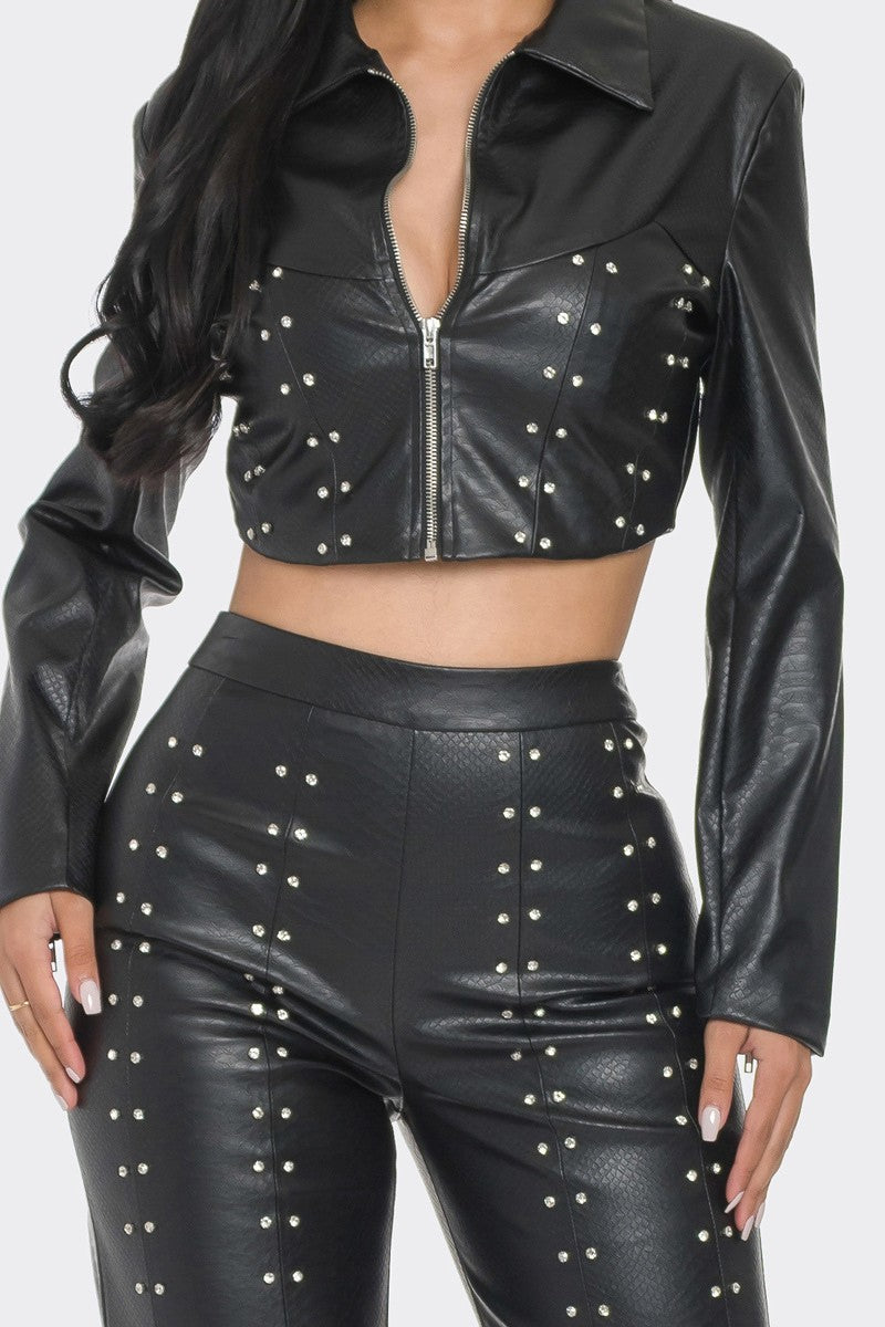 Faux Leather Set With Rhinestone Detail - Body By J'ne