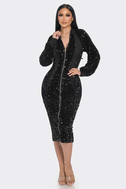 Midi 2 Way Zip Up Sequin Contrast Dress - Body By J'ne