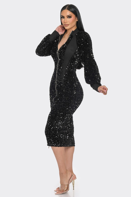Midi 2 Way Zip Up Sequin Contrast Dress - Body By J'ne