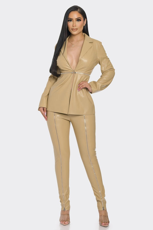Leather Lightning Zipper Pant Set in Beige - Body By J'ne