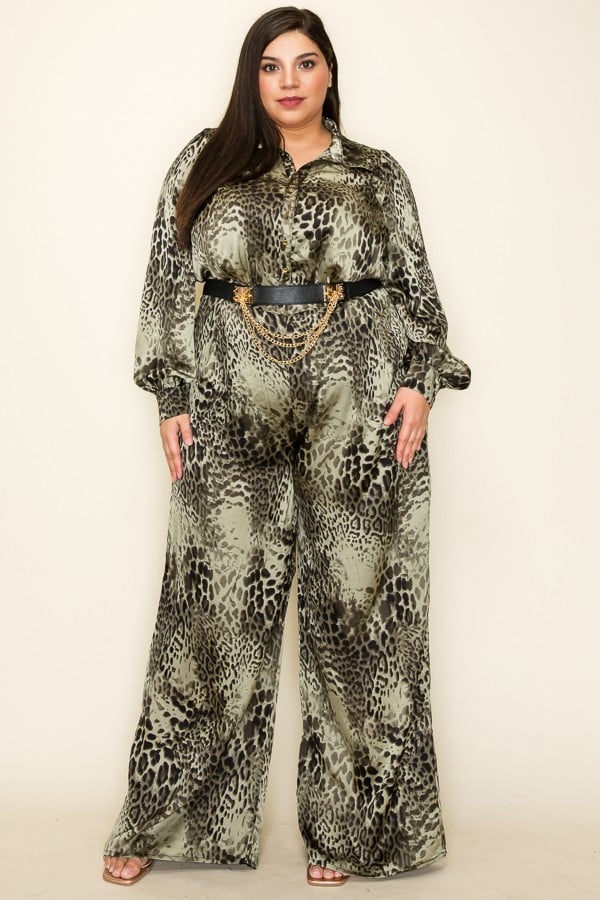 Satin Leopard Long Sleeve Button Down Palazzo Jumpsuit - Body By J'ne