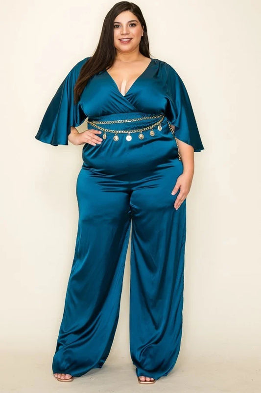 Satin Wrap Front Short Sleeve Smocked Waist Jumpsuit - Body By J'ne