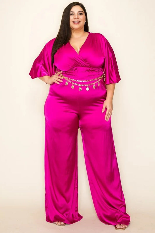 Satin Wrap Front Short Sleeve Smocked Waist Jumpsuit - Body By J'ne