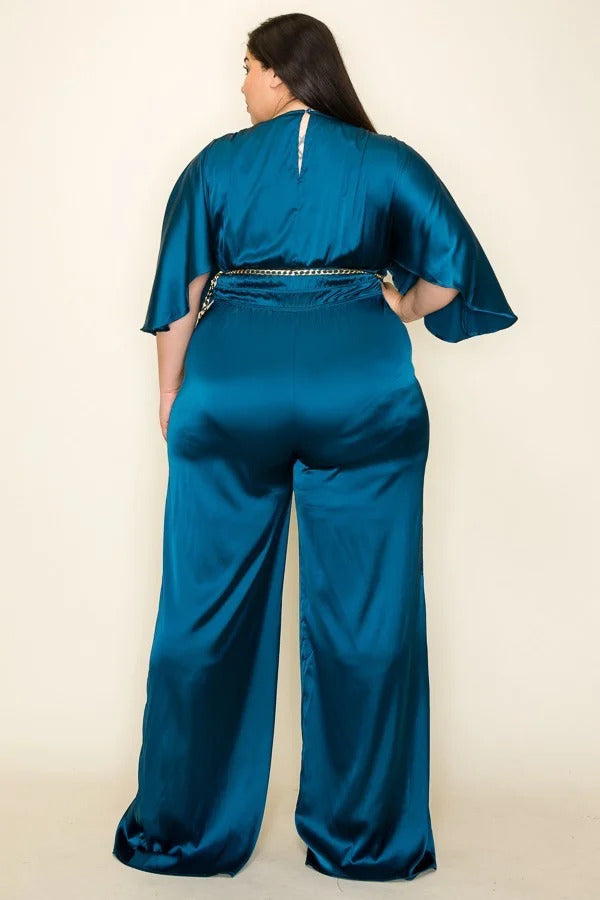 Satin Wrap Front Short Sleeve Smocked Waist Jumpsuit - Body By J'ne
