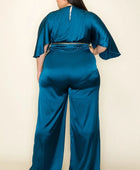 Satin Wrap Front Short Sleeve Smocked Waist Jumpsuit - Body By J'ne