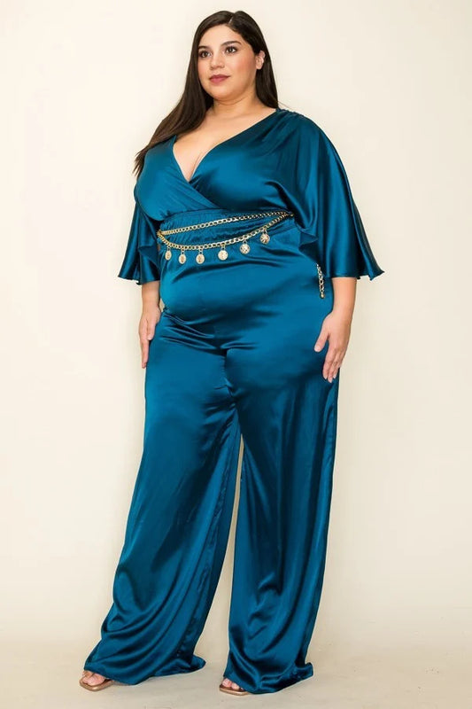 Satin Wrap Front Short Sleeve Smocked Waist Jumpsuit - Body By J'ne