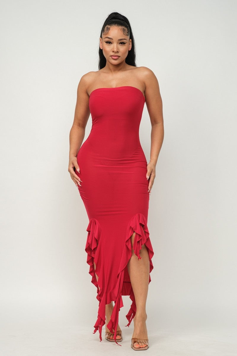 Solid Bottom Ruffle Trim Hem Slit Tube Maxi Dress - Body By J'ne