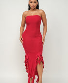 Solid Bottom Ruffle Trim Hem Slit Tube Maxi Dress - Body By J'ne