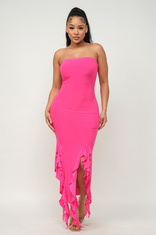 Solid Bottom Ruffle Trim Hem Slit Tube Maxi Dress - Body By J'ne