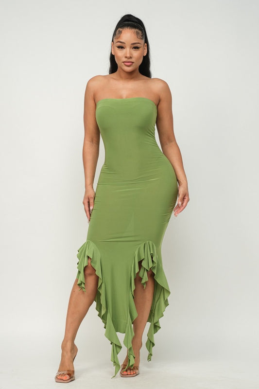 Solid Bottom Ruffle Trim Hem Slit Tube Maxi Dress - Body By J'ne