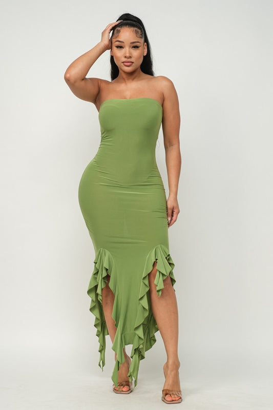 Solid Bottom Ruffle Trim Hem Slit Tube Maxi Dress - Body By J'ne