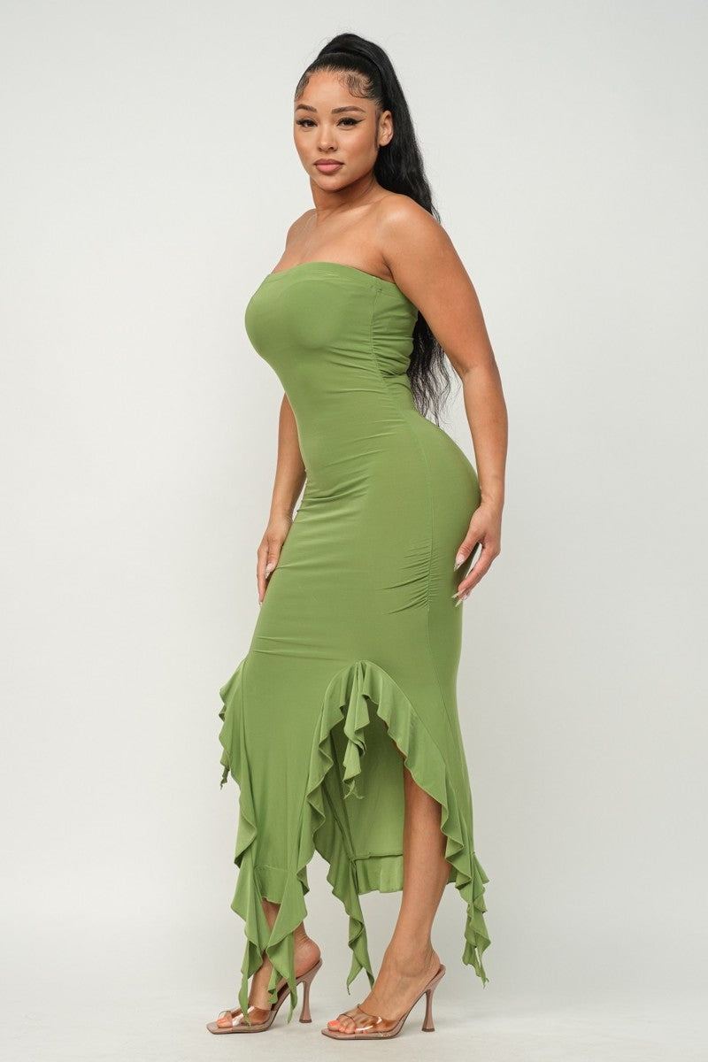 Solid Bottom Ruffle Trim Hem Slit Tube Maxi Dress - Body By J'ne