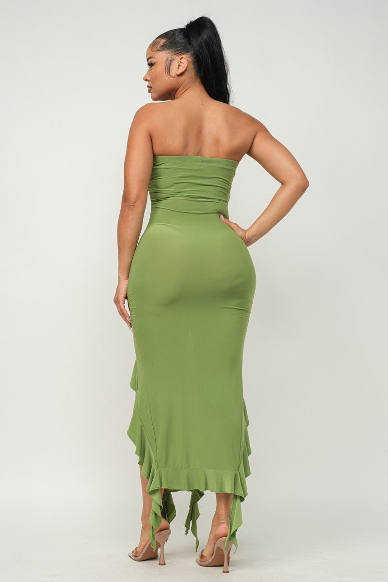 Solid Bottom Ruffle Trim Hem Slit Tube Maxi Dress - Body By J'ne