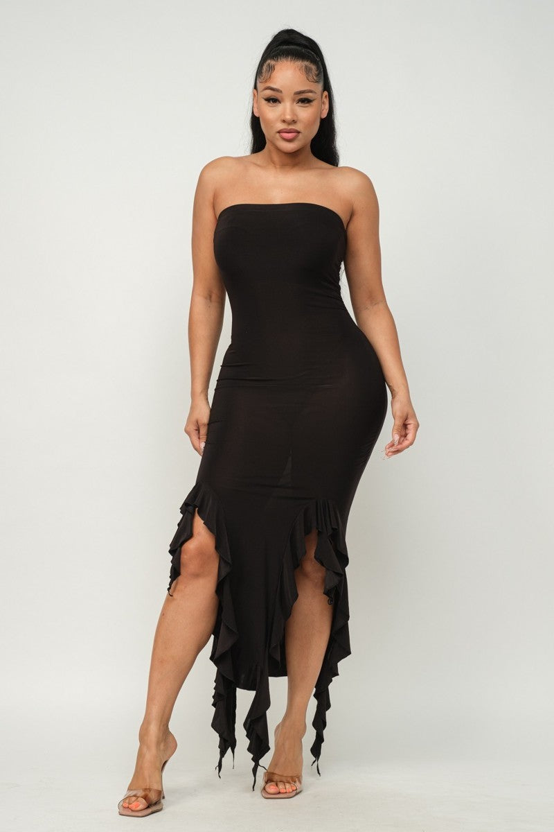 Solid Bottom Ruffle Trim Hem Slit Tube Maxi Dress - Body By J'ne