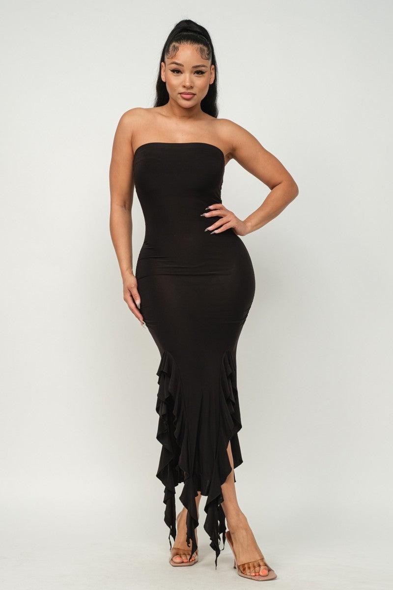 Solid Bottom Ruffle Trim Hem Slit Tube Maxi Dress - Body By J'ne