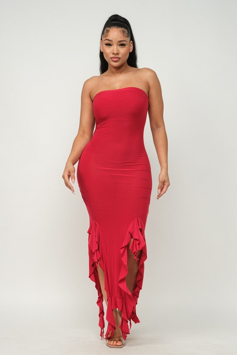 Solid Bottom Ruffle Trim Hem Slit Tube Maxi Dress - Body By J'ne