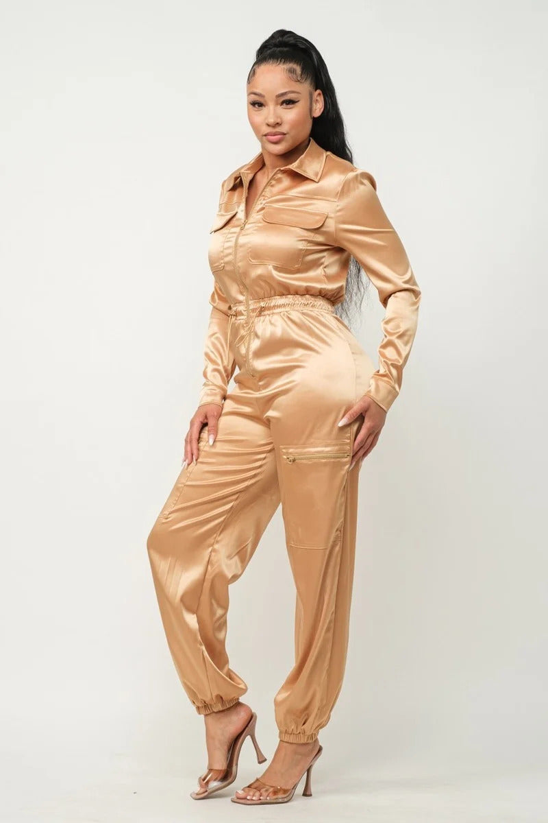 Front Zipper Pockets Top And Pants Jumpsuit - Body By J'ne