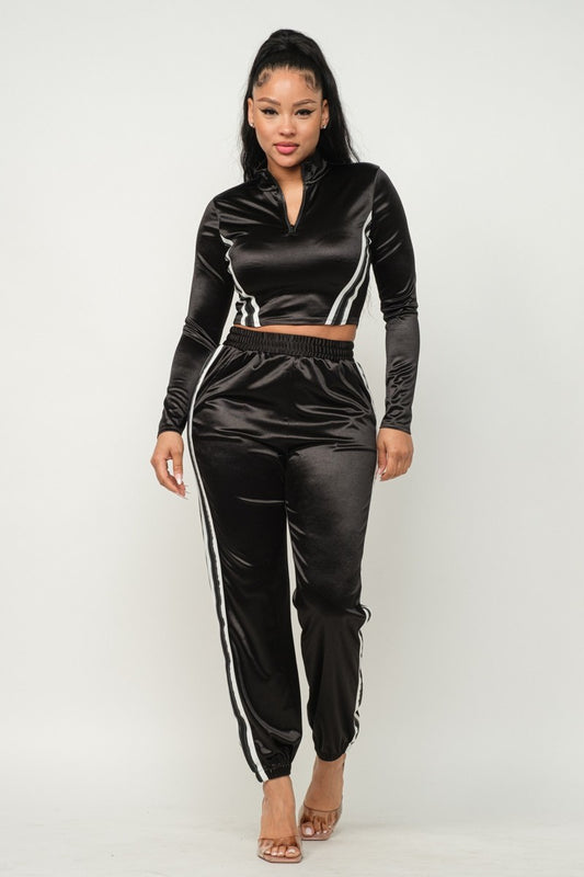 Front Zip Up Stripes Detail Jacket And Pants Set - Body By J'ne