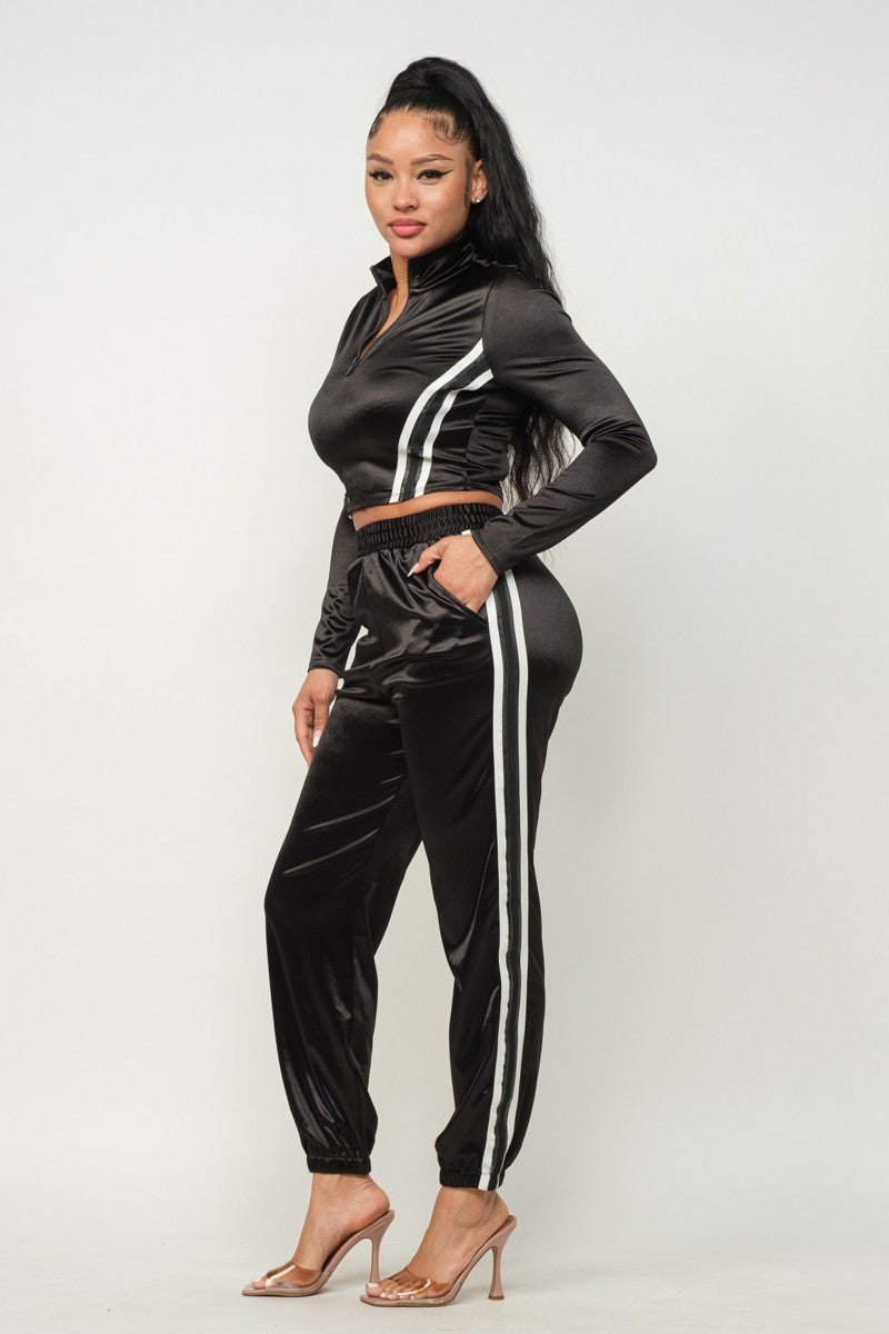 Front Zip Up Stripes Detail Jacket And Pants Set - Body By J'ne