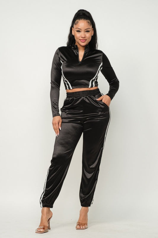 Front Zip Up Stripes Detail Jacket And Pants Set - Body By J'ne