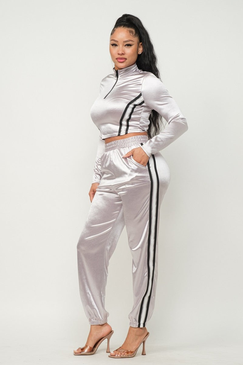 Front Zip Up Stripes Detail Jacket And Pants Set - Body By J'ne