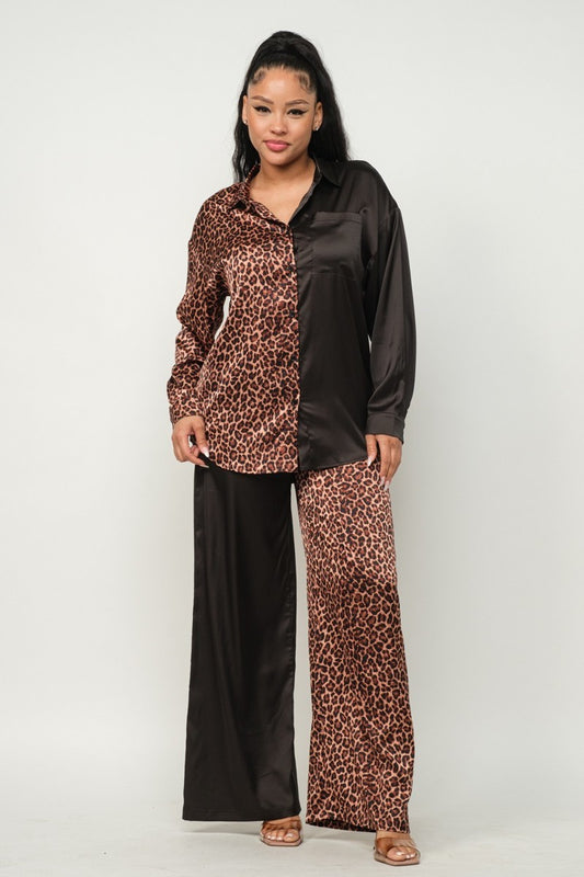 Half Animal Print And Half Solid Top And Pants Set - Body By J'ne