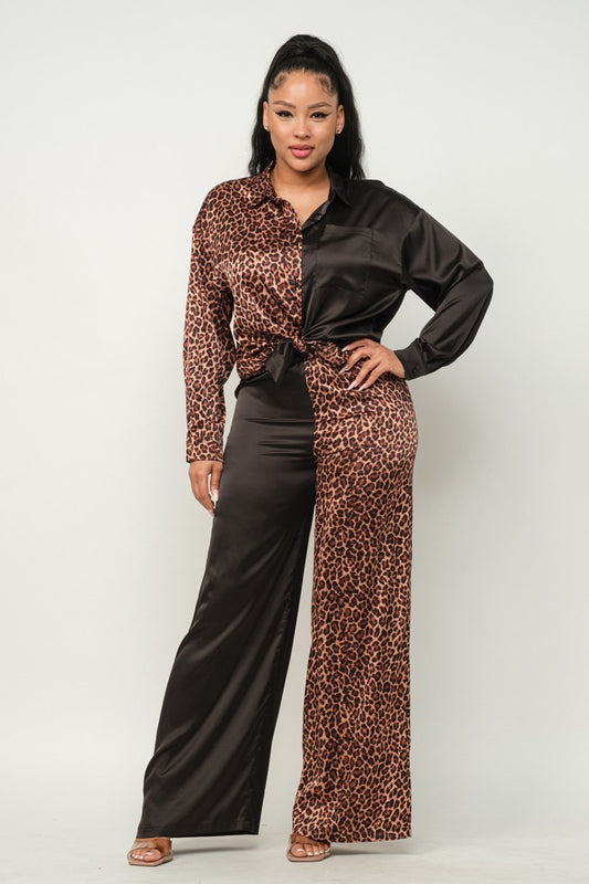 Half Animal Print And Half Solid Top And Pants Set - Body By J'ne