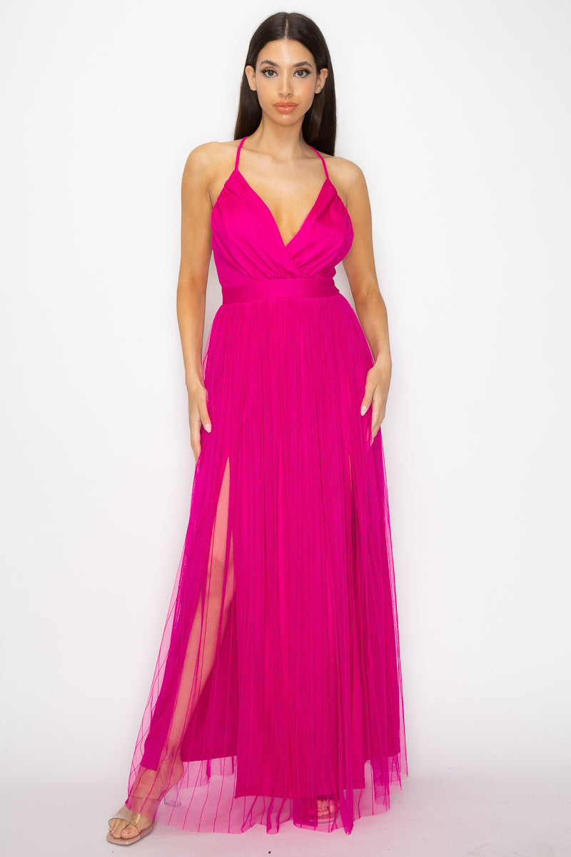 Pleated Mesh Slit Maxi Dress - Body By J'ne