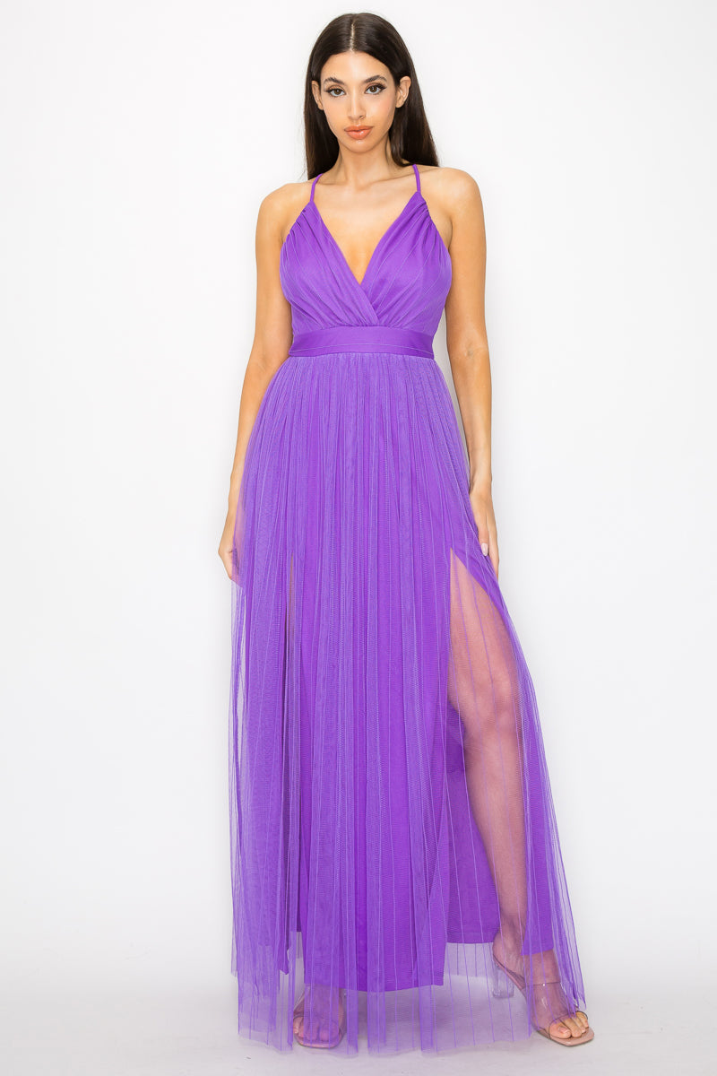 Pleated Mesh Slit Maxi Dress - Body By J'ne