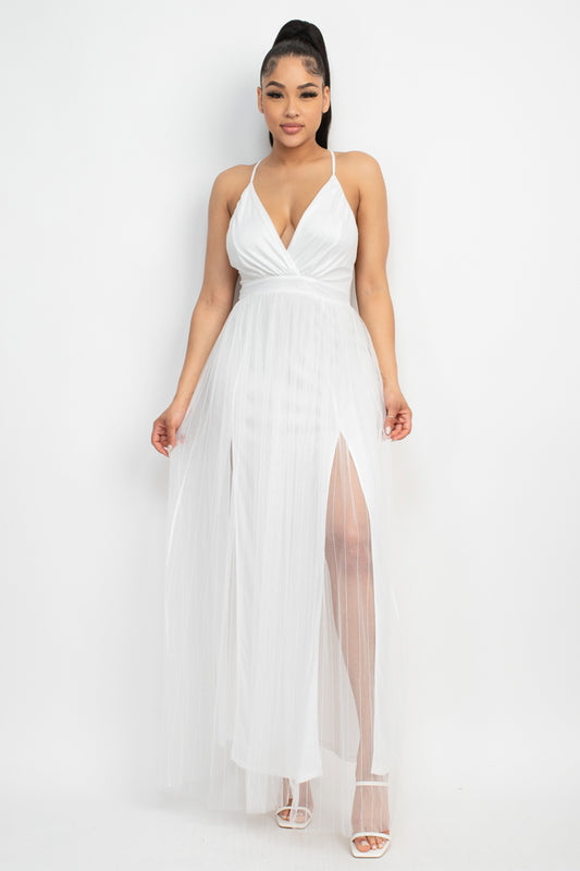 Pleated Mesh Slit Maxi Dress - Body By J'ne