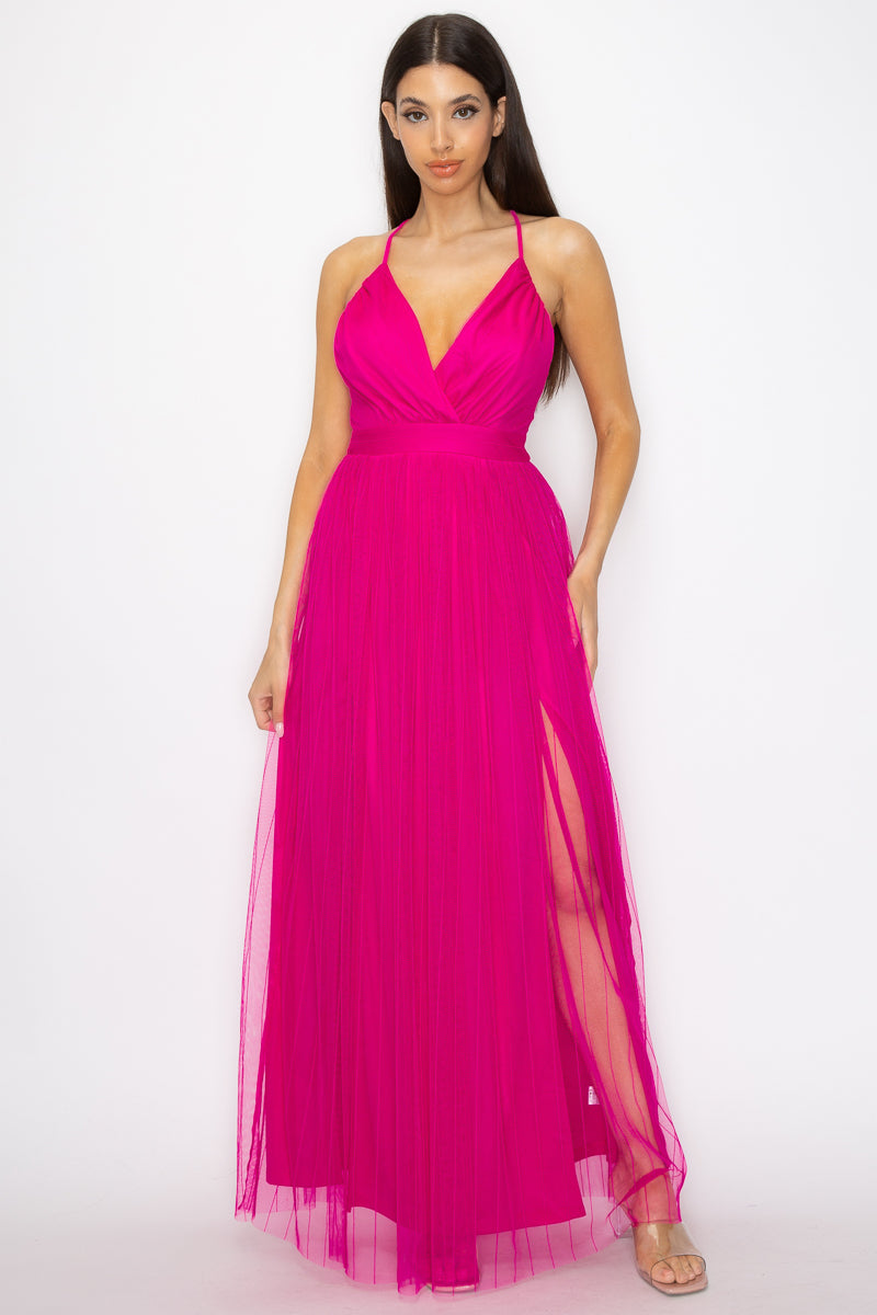 Pleated Mesh Slit Maxi Dress - Body By J'ne