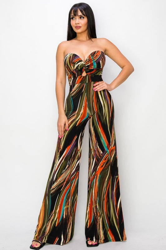 Allover Print Twist Front Wide Leg Jumpsuit - Body By J'ne