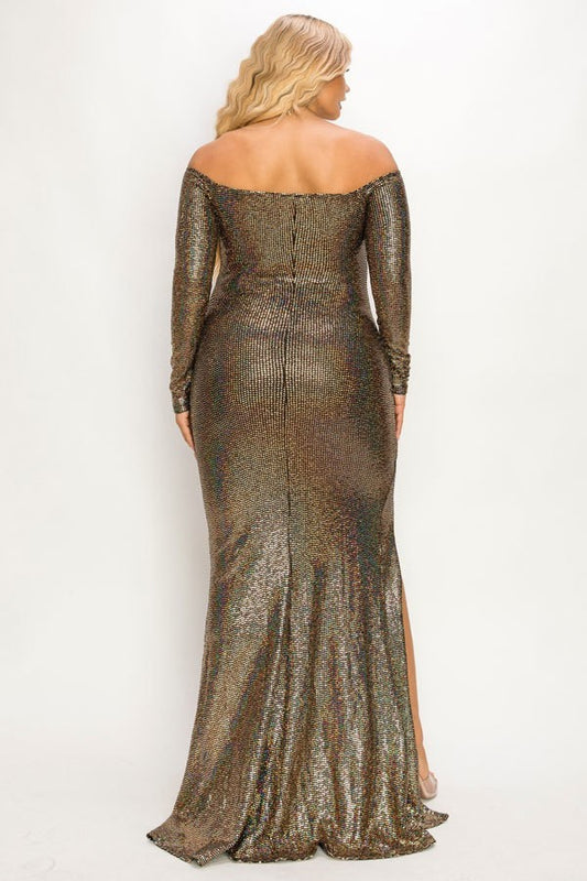 Plus Long Sleeve Off Shoulder Sequin Fabric (metallic) Party Maxi Dress - Body By J'ne