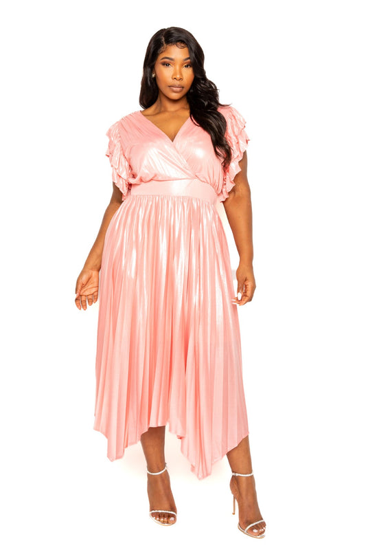 Pleated Flutter Sleeve Dress - Body By J'ne