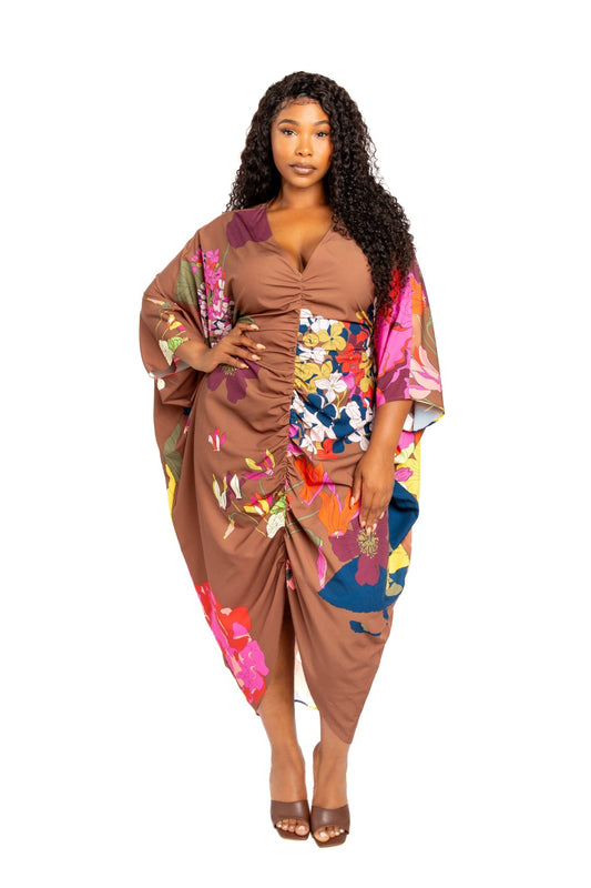 Printed Ruched Kaftan Dress With Inside Waist Tie - Body By J'ne