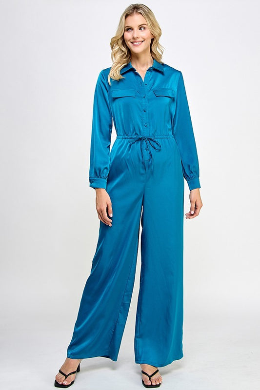 Long Sleeve Jumpsuit With Waist Drawstring - Body By J'ne